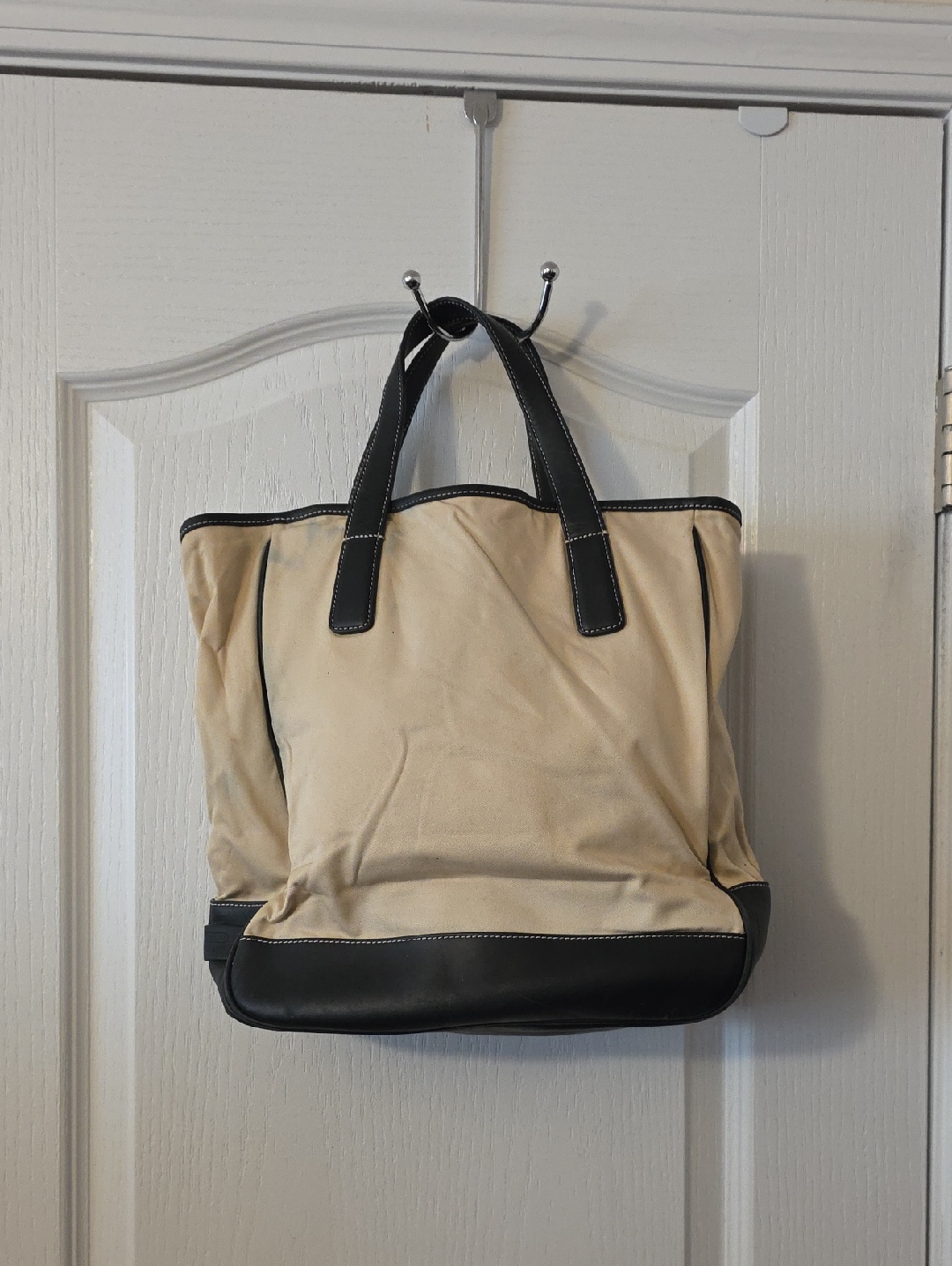 Vintage Coach Beige Canvas Tote With Black Leather Trim